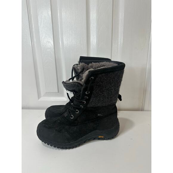 Ugg Adirondack Boot II Sz 7 Black Gray Faux Fur Trim Lace Up Ankle Snow Boots - Picture 1 of 8